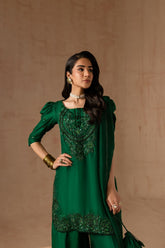 Maria Osama Khan - Emerald Green  - BOTTLE GREEN - RAWSILK & Organza - 3 Piece